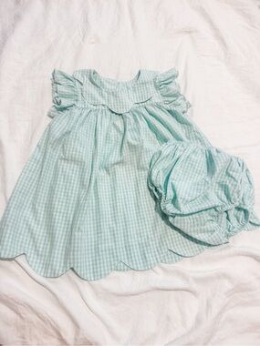 Baby Girls Mint Gingham Ruffle Dress & Bloomers Set